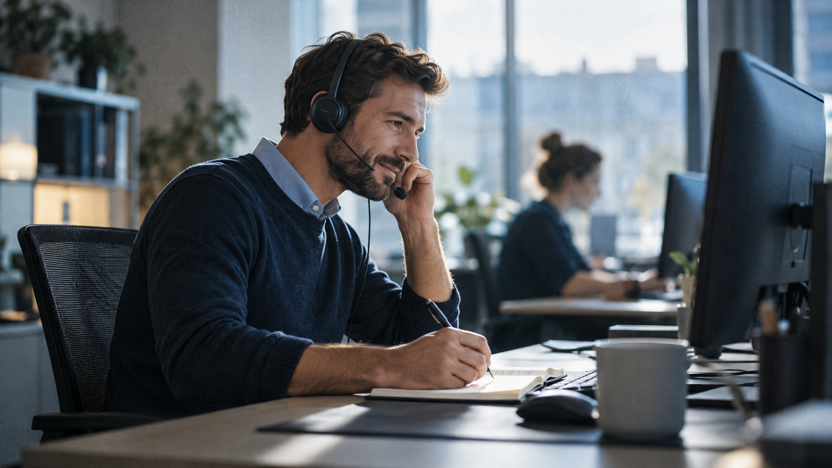 Un conseiller du service client à l’écoute et prenant des notes